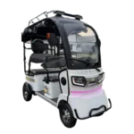 Front view of electric passenger tricycle with windshield and compact body design