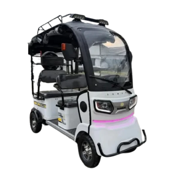 Front view of electric passenger tricycle with windshield and compact body design