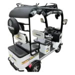 Side and rear view of electric passenger tricycle showing step access and passenger seating