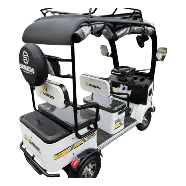 Side and rear view of electric passenger tricycle showing step access and passenger seating