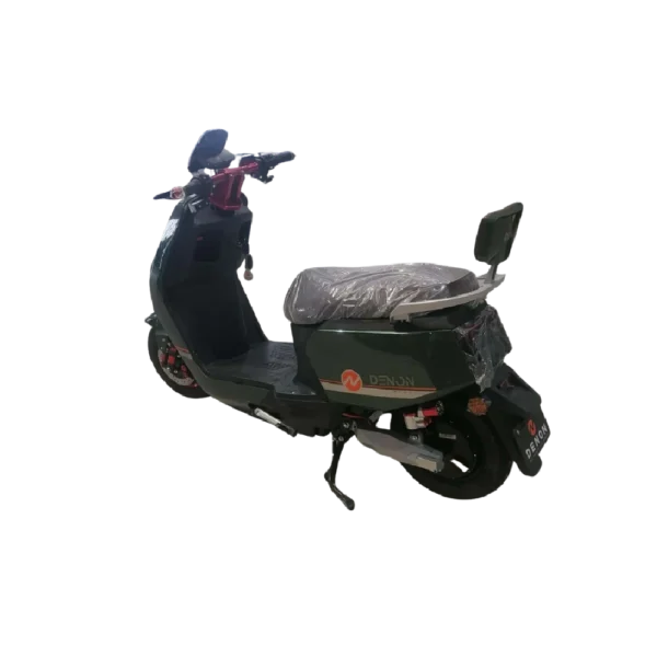 Red electric motorcycle side view with rear cushioned seat