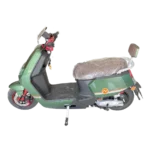 Green electric motorcycle side profile with seat and urban commuting design