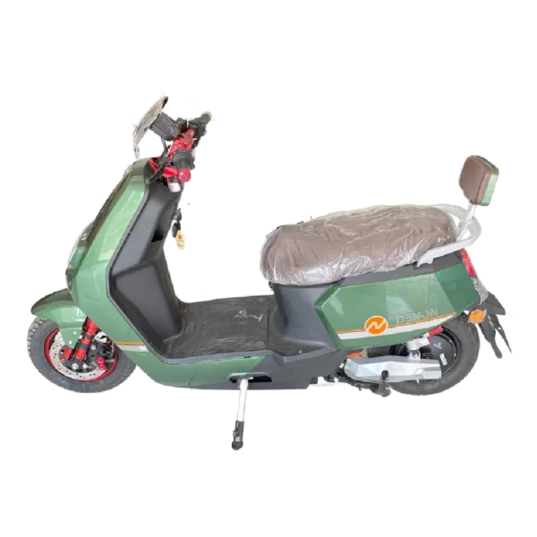 Green electric motorcycle side profile with seat and urban commuting design