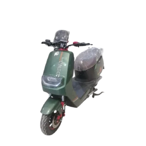 Green electric motorcycle side profile with seat and urban commuting design