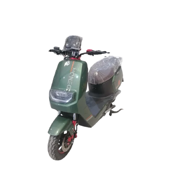 Green electric motorcycle side profile with seat and urban commuting design