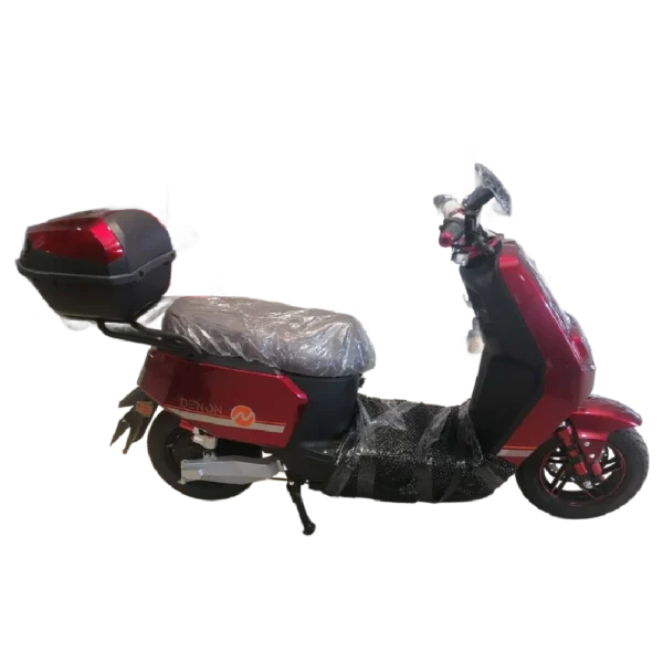 Side view of electric motorcycle with top storage box and compact design