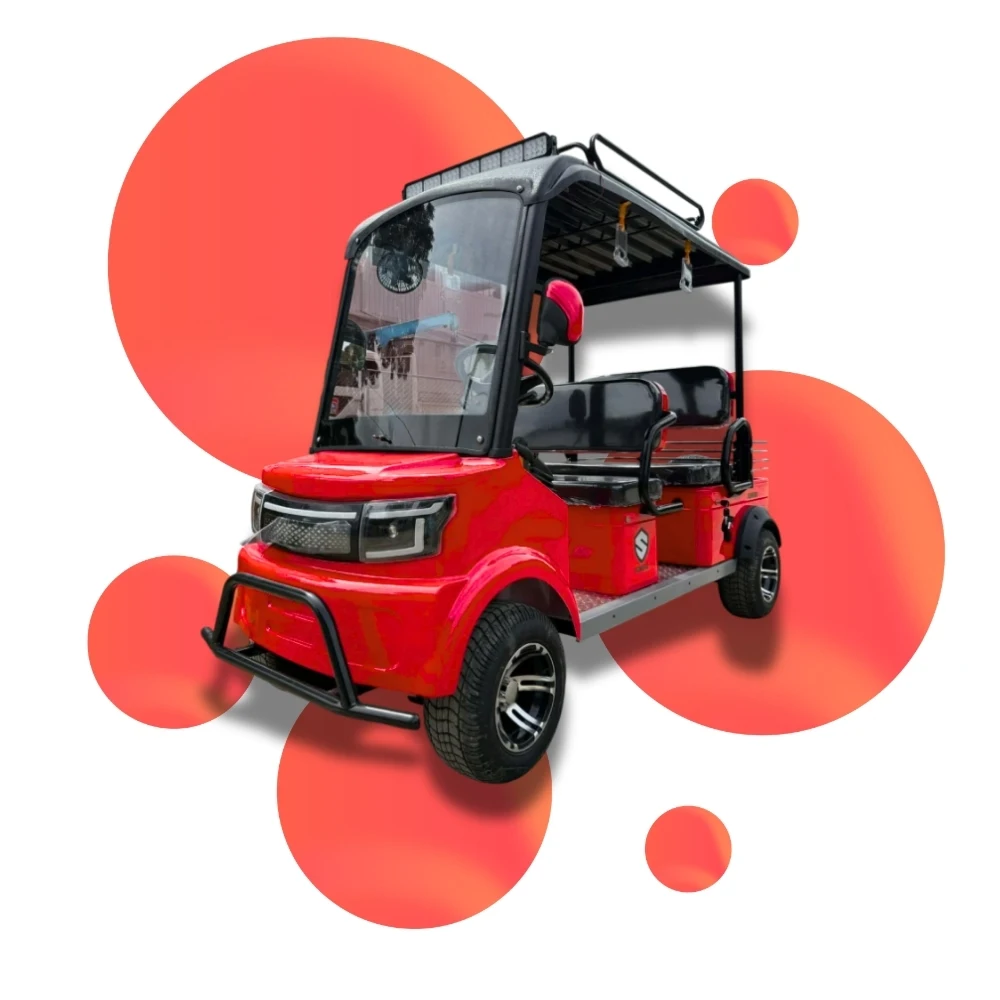 Red electric passenger tricycle with roof canopy and front angled view showing seating and windshield